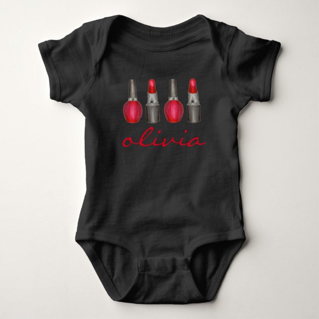 Red Lipstick Nail Polish Fashionista Personalized Baby Bodysuit (Front)