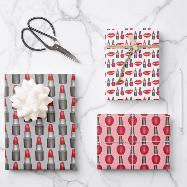 Red Lipstick Nail Polish Makeup Artist Cosmetics Wrapping Paper Sheets (Front)