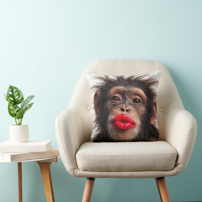Red Lipstick on a Chimpanzee Throw Pillow (Chair)