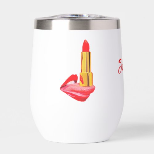 Red Lipstick on The Tongue Black with Custom Name Thermal Wine Tumbler