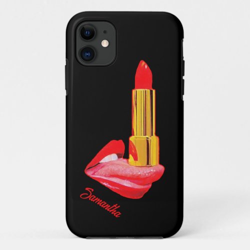 Red Lipstick on The Tongue with Personalization iPhone 11 Case