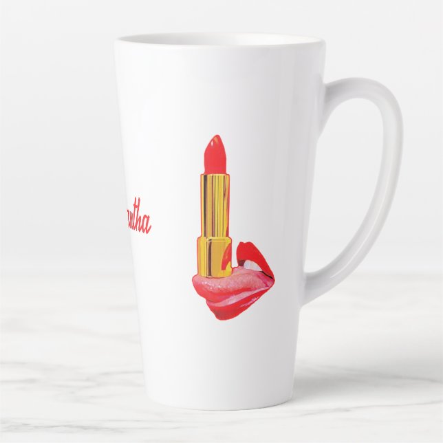 Red Lipstick on The Tongue with Personalization Latte Mug (Right)