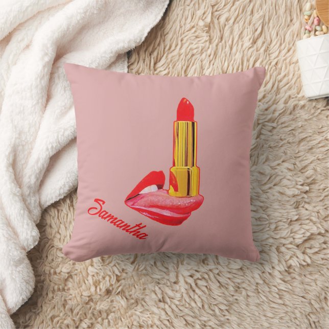 Red Lipstick on The Tongue with Personalization Throw Pillow (Blanket)