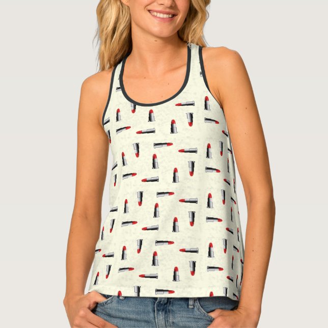 Red lipstick on yellow pattern tank top (Front)