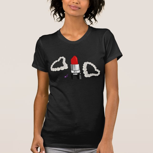 Red Lipstick & Pearls Black Fine Jersey T-Shirt (Front)