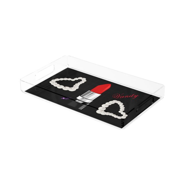 Red Lipstick & Pearls Sleek Black Vanity Tray (Angled)