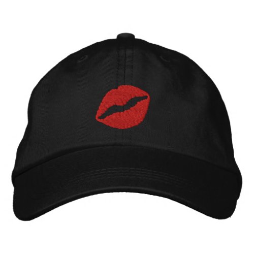 Red Lipstick Pucker Up Kiss on Black Embroidered Baseball Cap