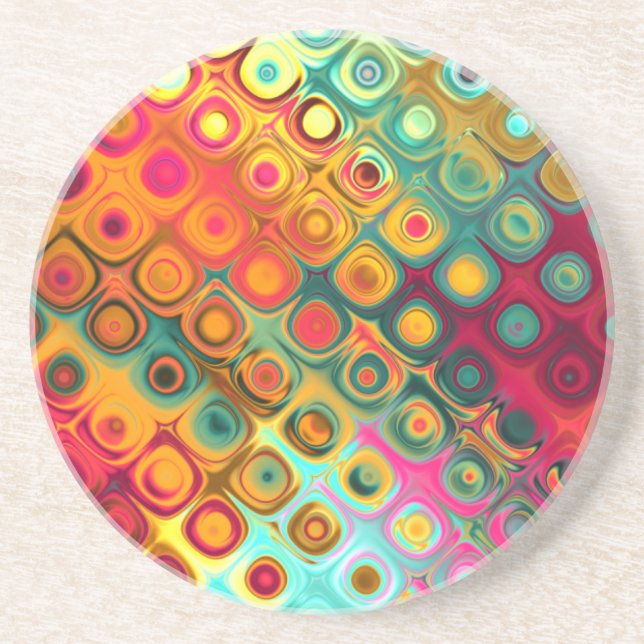 Red Liquid Rainbow Dots Abstract Pattern Sandstone Coaster (Front)