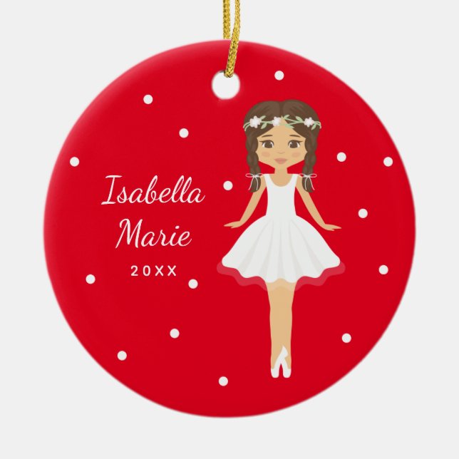 Red Little Girl Ballerina Personalized Ballet Ceramic Ornament (Front)