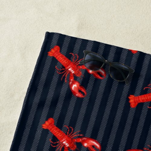 Red Lobster Abstract Stripes Navy Personalized Beach Towel