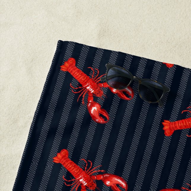 Red Lobster Abstract Stripes Navy Personalized Beach Towel (In Situ)