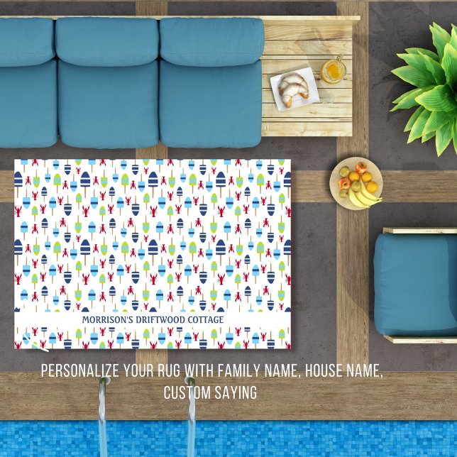Red Lobster And Buoy Pattern Personalized Text Rug (Creator Uploaded)