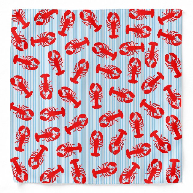 Red Lobster Animal Pattern on Blue Stripes Bandana (Front)