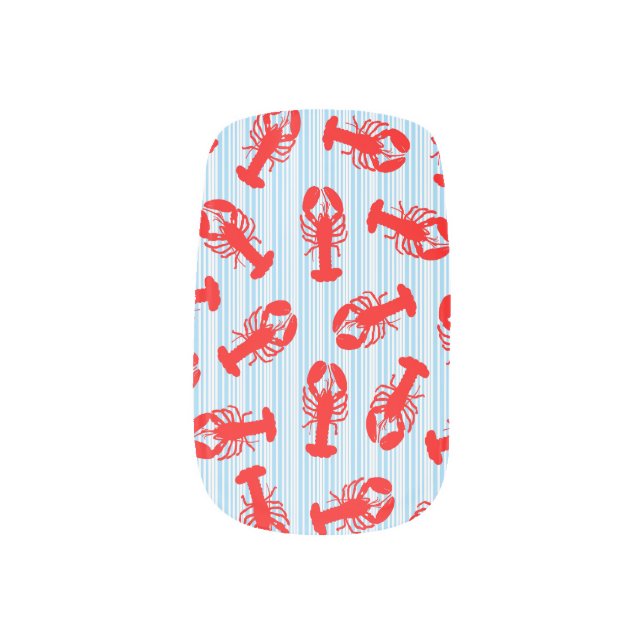Red Lobster Animal Pattern on Blue Stripes Minx Nail Wraps (Right Thumb)