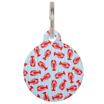Red Lobster Animal Pattern On Blue Stripes Pet Tag by BlackStrawberry_Co at Zazzle