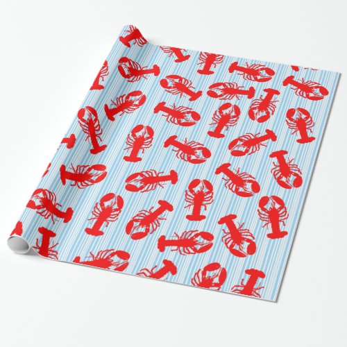 Red Lobster Animal Pattern on Blue Stripes Wrapping Paper
