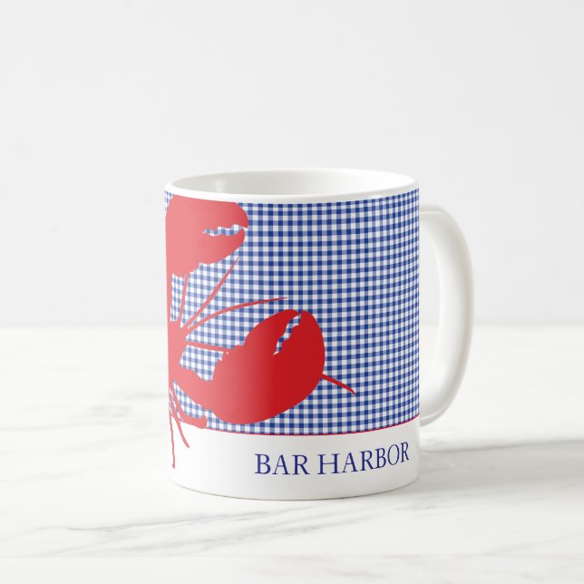 Red Lobster Blue Gingham Coastal Town NAME Summer Coffee Mug (Front Right)