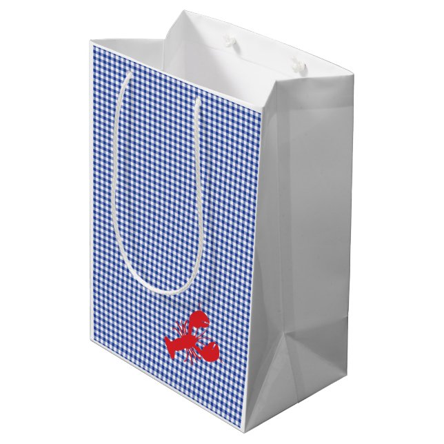 Red Lobster Blue White Gingham Designer Maine Medium Gift Bag (Back Angled)