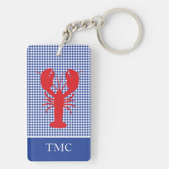Red Lobster Blue White Gingham Monogram INITIALS Keychain (Back)