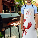 Red lobster crawfish boil party name chef cook apron<br><div class="desc">Nautical,  summer and sea food theme.  A red lobster on a white background. The text: Chef wiht a modern red hand lettered style script. Personalize and add your name.</div>