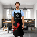 Red lobster crawfish boil party name chef cook apron<br><div class="desc">Nautical,  summer and sea food theme.  A red lobster on a black background. The text: Chef wiht a modern white hand lettered style script. Personalize and add your name.</div>