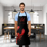 Red lobster crawfish boil party name chef cook apron<br><div class="desc">Nautical,  summer and sea food theme.  A red lobster on a black background. The text: Chef wiht a modern red hand lettered style script. Personalize and add your name.</div>