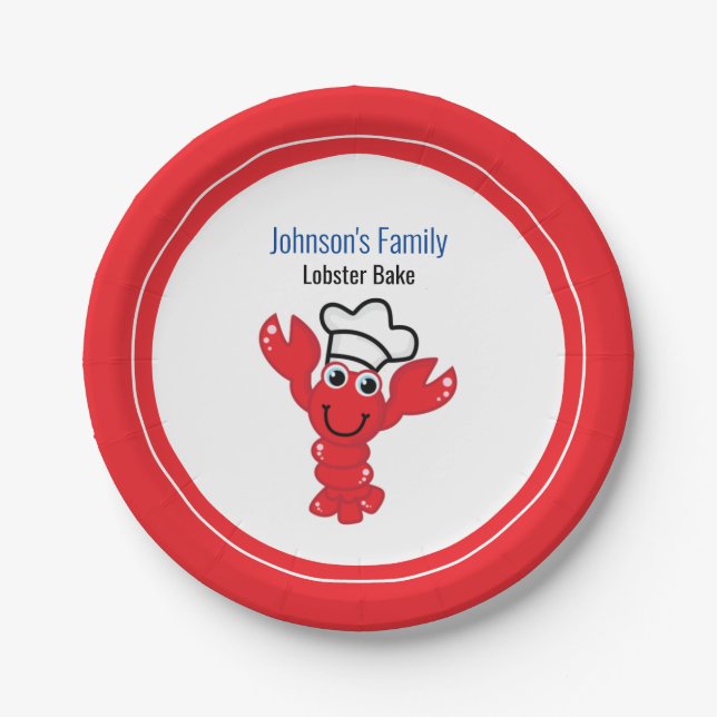 Red Lobster Cute Cartoon Chef Hat Illustration Paper Plates (Front)