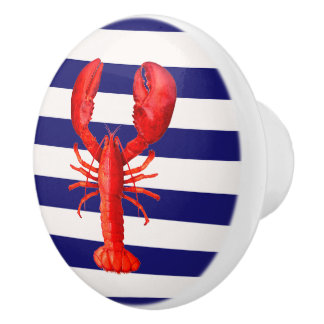 Red lobster navy blue white stripes ceramic knob