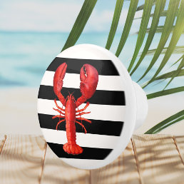 Red lobster on black white nautical stripes ceramic knob