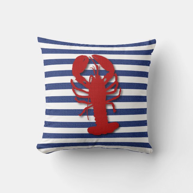 Red Lobster on Blue and White Stripes Throw Pillow (Front)