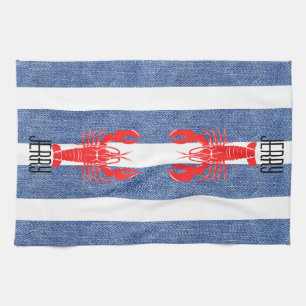 Red Lobster on Blue White Denim Stripes Kitchen Towel