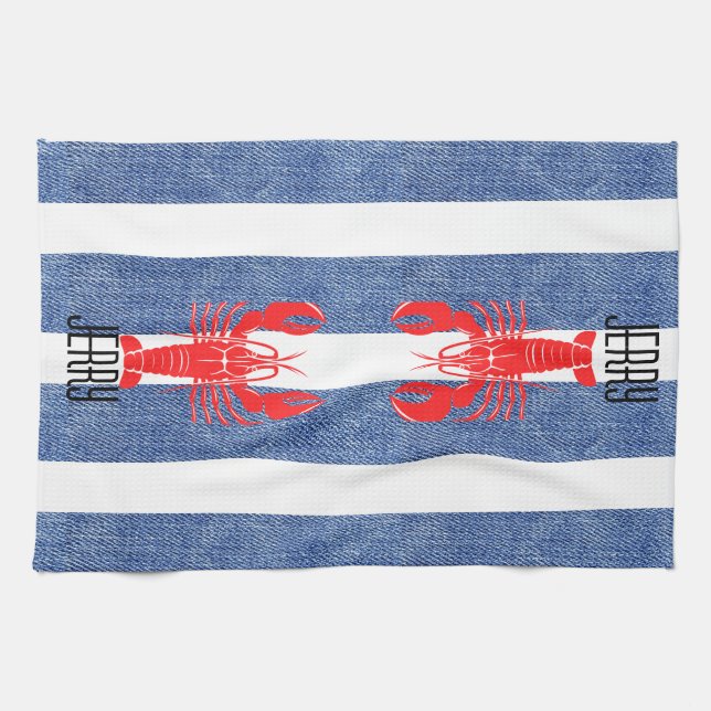 Red Lobster on Blue White Denim Stripes Kitchen Towel (Horizontal)