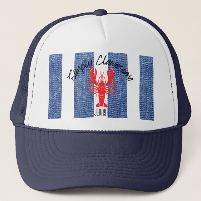 Red Lobster on Blue & White Denim Stripes Trucker Hat (Front)