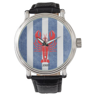 Red Lobster on Blue & White Denim Stripes Watch
