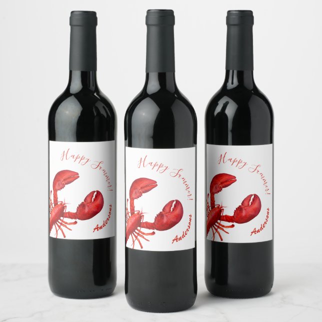 Red lobster on white happy summer name wine label (Bottles)
