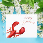 Red lobster on white happy summer postcard<br><div class="desc">Nautical,  summer and sea food theme.  A red lobster on a white background. Red hand lettered style script and the text: Happy Summer!</div>
