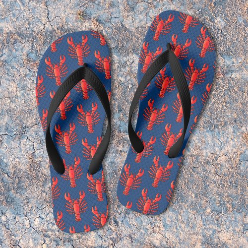 Red Lobster Pattern Dark Blue Fun Seafood Cookout Flip Flops