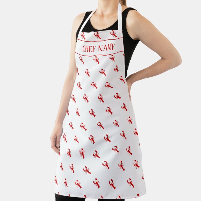 Red lobster print kitchen apron for men and women (Insitu)
