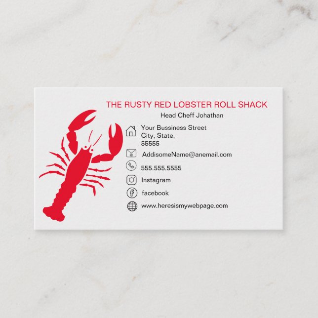 RED Lobster Seafood Black White Simple Nautical Business Card (Front)