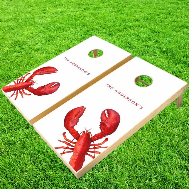 Red lobster shellfish nautical white family name cornhole set (Creator Uploaded)