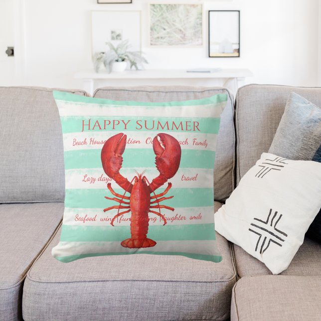 Red lobster turquoise white nautical stripes outdoor pillow (Creator Uploaded)
