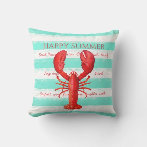 Red lobster turquoise white nautical stripes outdoor pillow