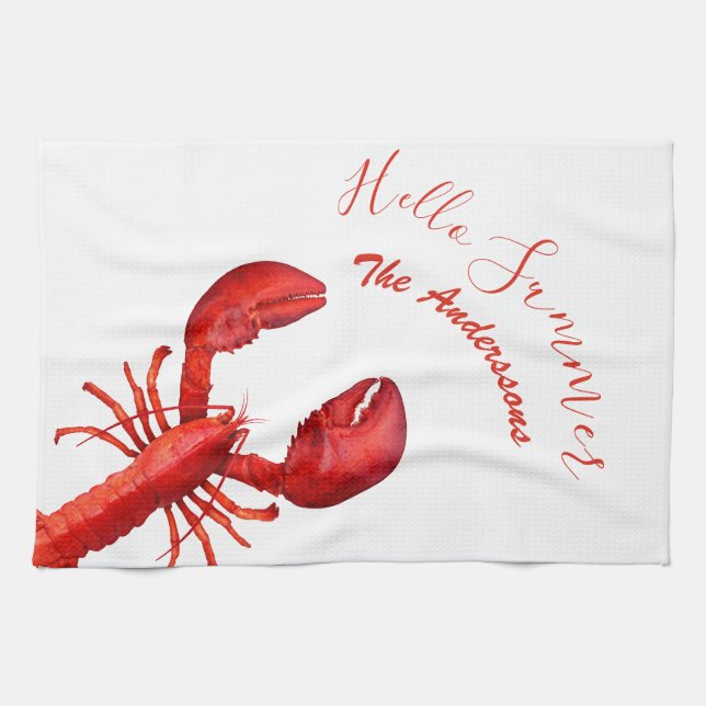 Red lobster white hello summer name seafood kitchen towel (Horizontal)