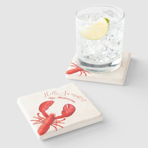 Red lobster white hello summer name seafood stone coaster