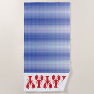 Red Lobsters Blue White Check Coastal Travel Beach Towel