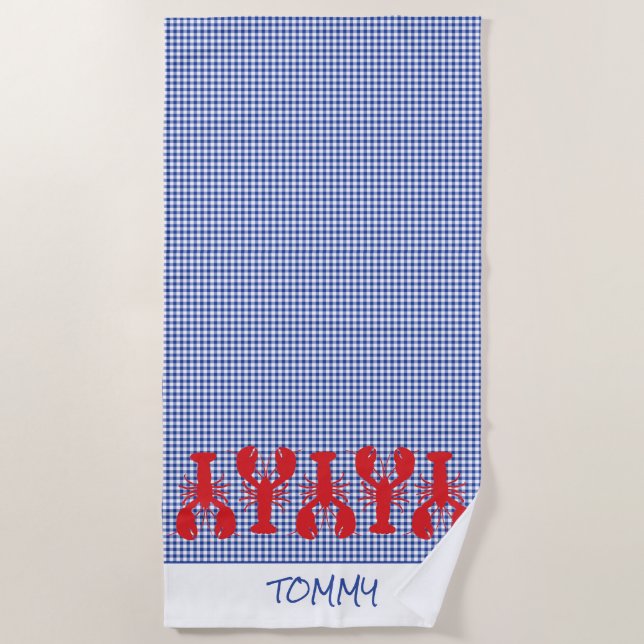 Red Lobsters Blue White Check Name Family Reunion Beach Towel (Front)
