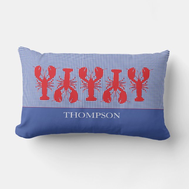 Red Lobsters Blue White Custom Text Preppy Lumbar Pillow (Front)
