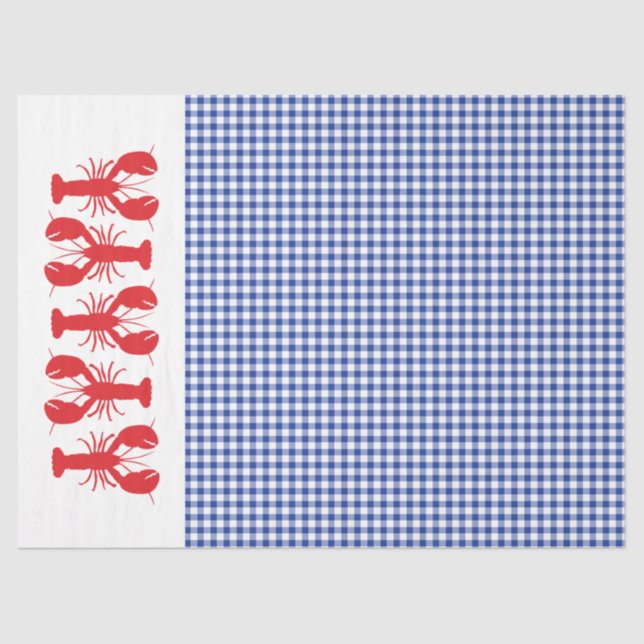 Red Lobsters Blue White Gingham Coastal Party Tissue Paper (Front)
