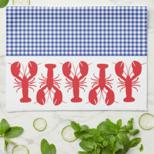 Red Lobsters Blue White Gingham Coastal Travel  Kitchen Towel