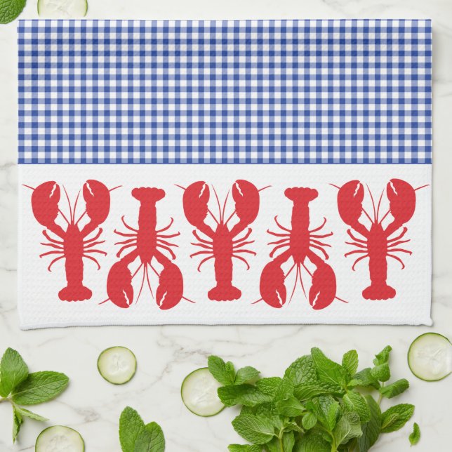 Red Lobsters Blue White Gingham Coastal Travel  Kitchen Towel (Folded)